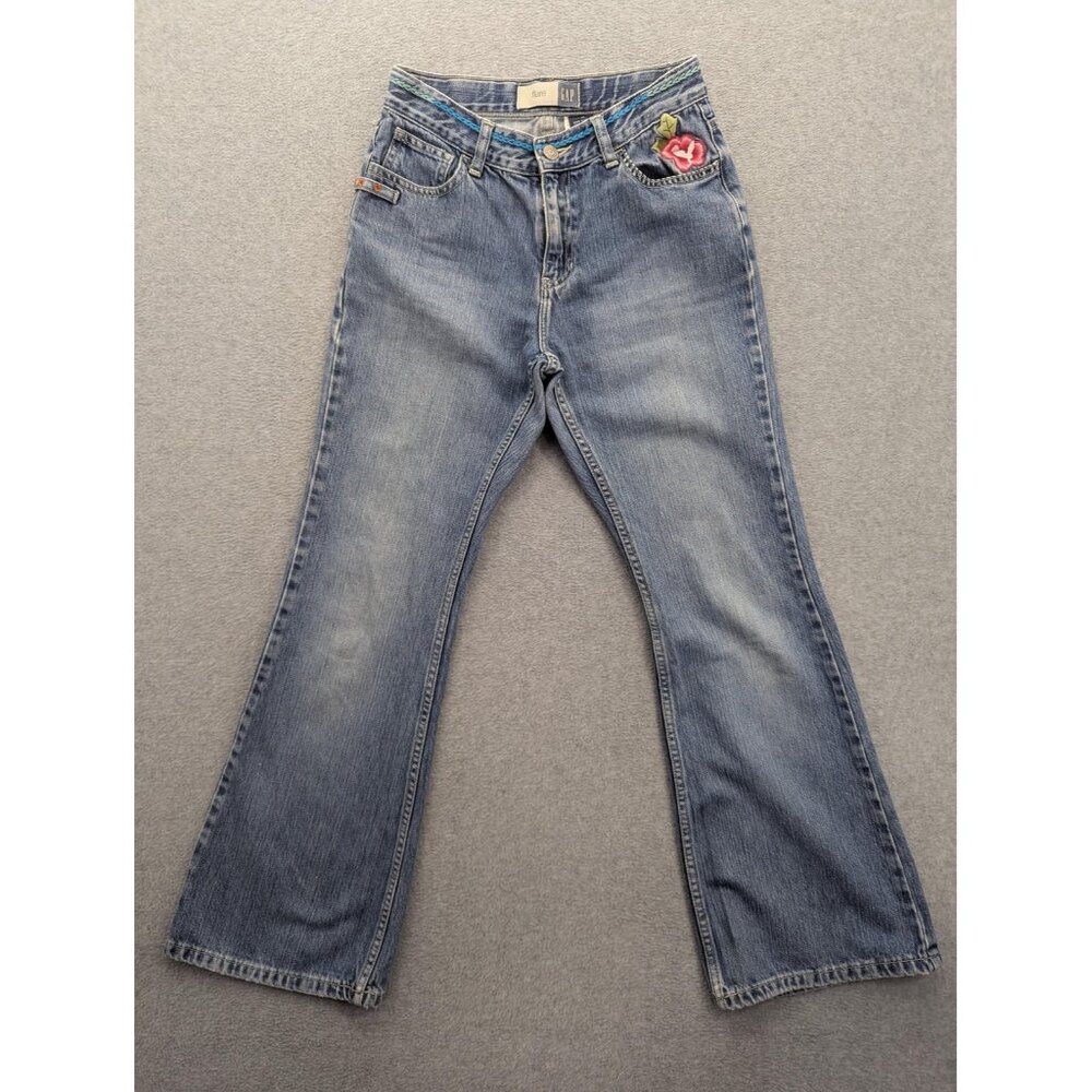 Vintage GAP Jeans Girls 14 Blue Denim Flare Embroidered Flowers Y2K 2000s Kids